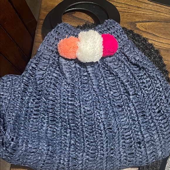 The Unbranded Brand Handbags - Stylish Blue Hobo Bag with Pom Poms